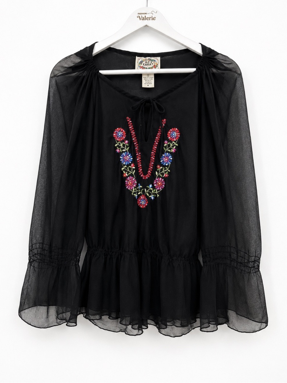 24 Karat Y2k Black Floral Embroidered Sheer Mesh Blouse Top Size Small Boho